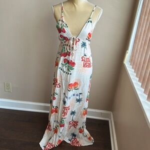 Paper Heart Womens Linen Blend Maxi  Dress Sz M Fruits Palm Trees New Strapless